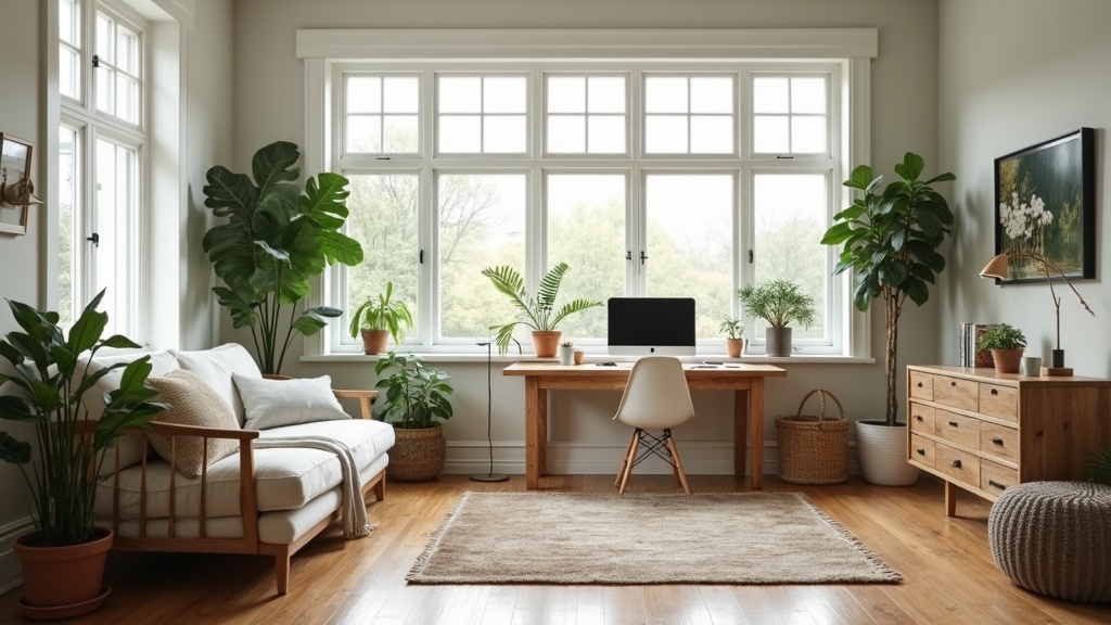A calm home workspace separated from a cozy family room by a bookshelf, with soft natural light and greenery for a fresh, peaceful vibe.